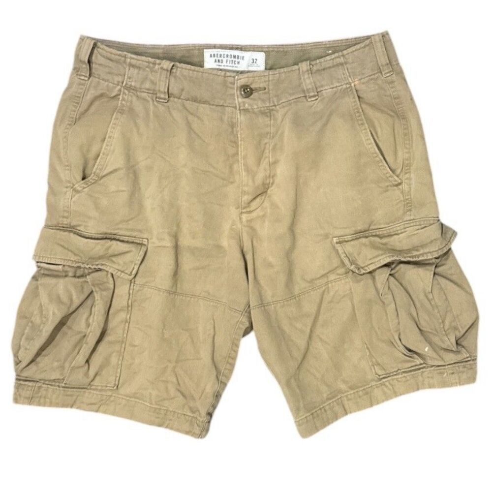 VTG Abercrombie Fitch Baggy Cargo Shorts Mens 33 Tan Distressed Heavy Canvas Y2K